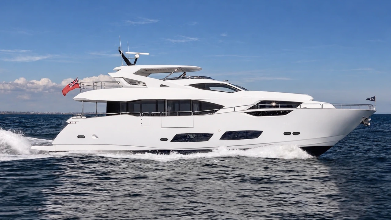 Full side profile of a modern luxury yacht cruising on open water