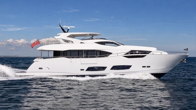 A white yacht cruising along the coast