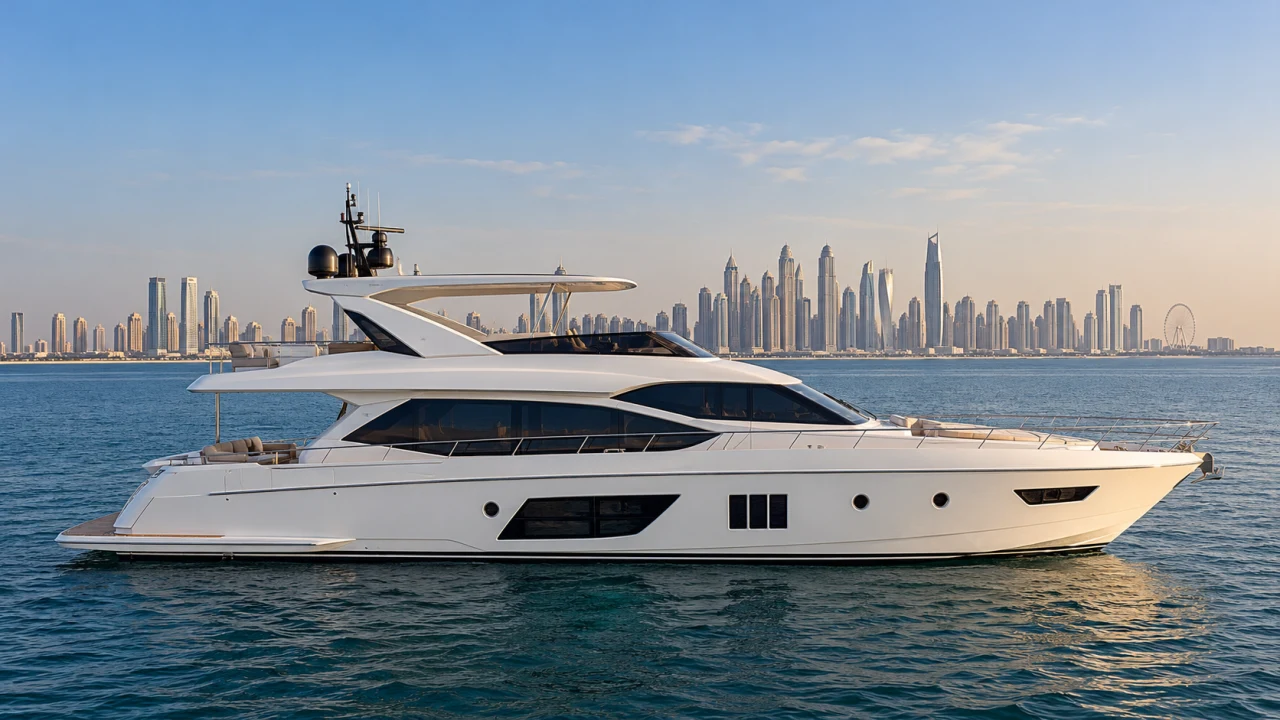 Side profile of a modern white flybridge yacht on Dubai waters in natural daylight