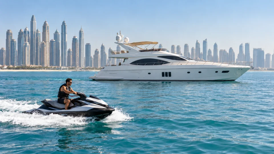 Jet ski experience beside a private yacht on Dubai waters