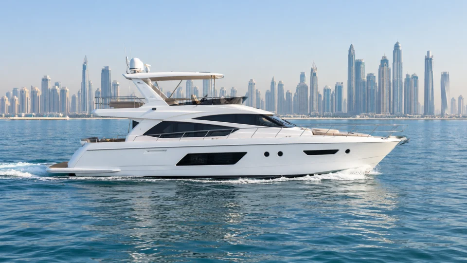 A full side view of a flybridge yacht on a calm Dubai morning