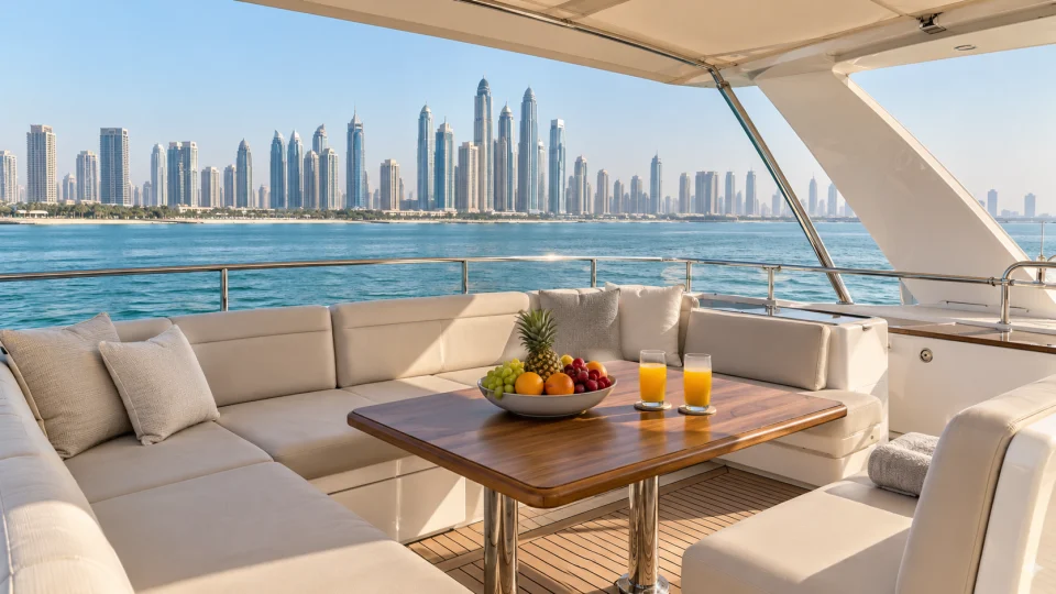 Open flybridge lounge with teak decking and views across Dubai waters