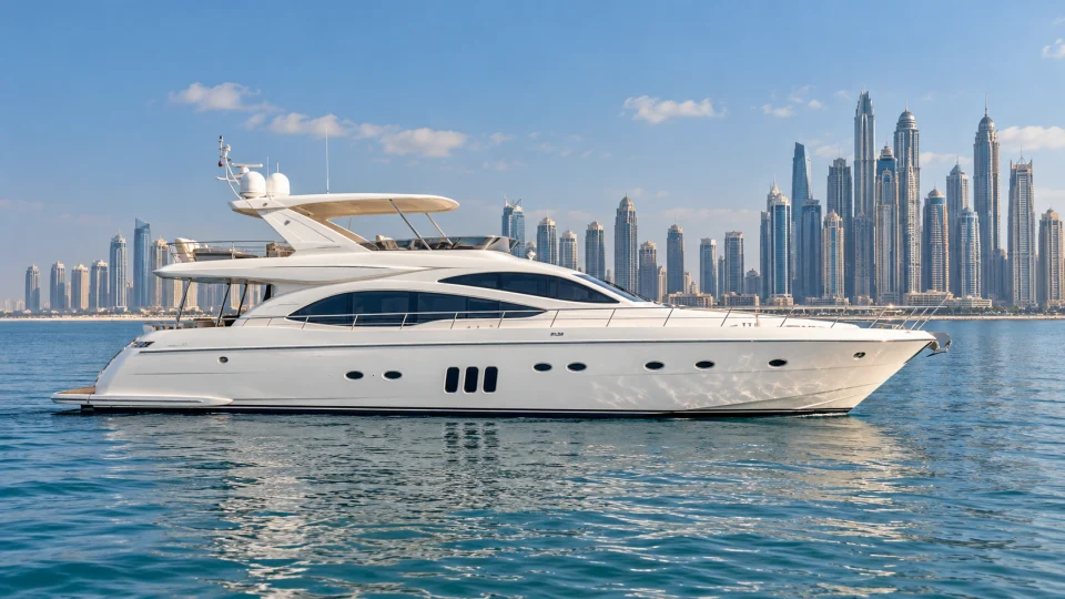 A white flybridge yacht against the Dubai skyline in winter daylight
