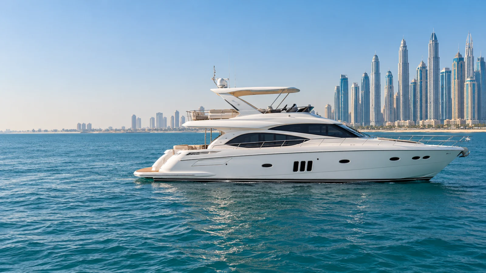 Full side view of a modern white flybridge yacht on calm Dubai waters