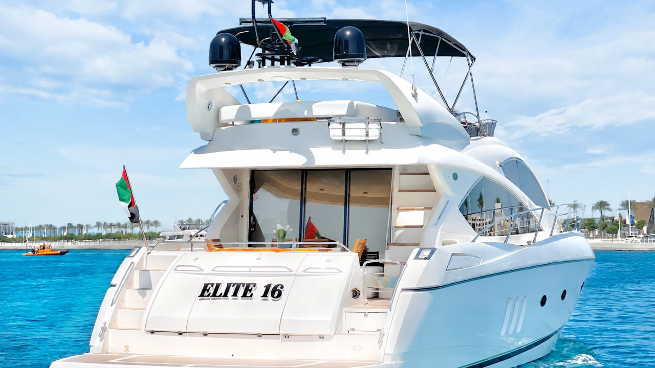 Elite Pearl Charter’s Sunseeker 70 FT yacht, Elite 16, on the water in Dubai
