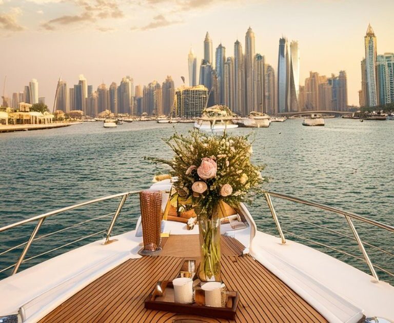 a flower and cups in front of a yacht during dusk with elite pearl charter