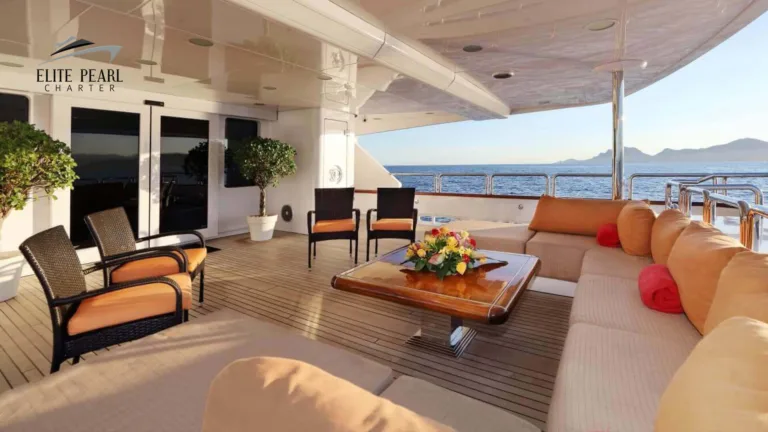 Elite Pearl Charter - Elite Pershing 54ft yacht behind deck.