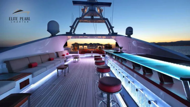 Elite Pearl Charter - Elite Pershing 54ft yacht upper deck with neon lights. Dubai's Festivals and Events Calendar: A Year-Round Guide image blog.