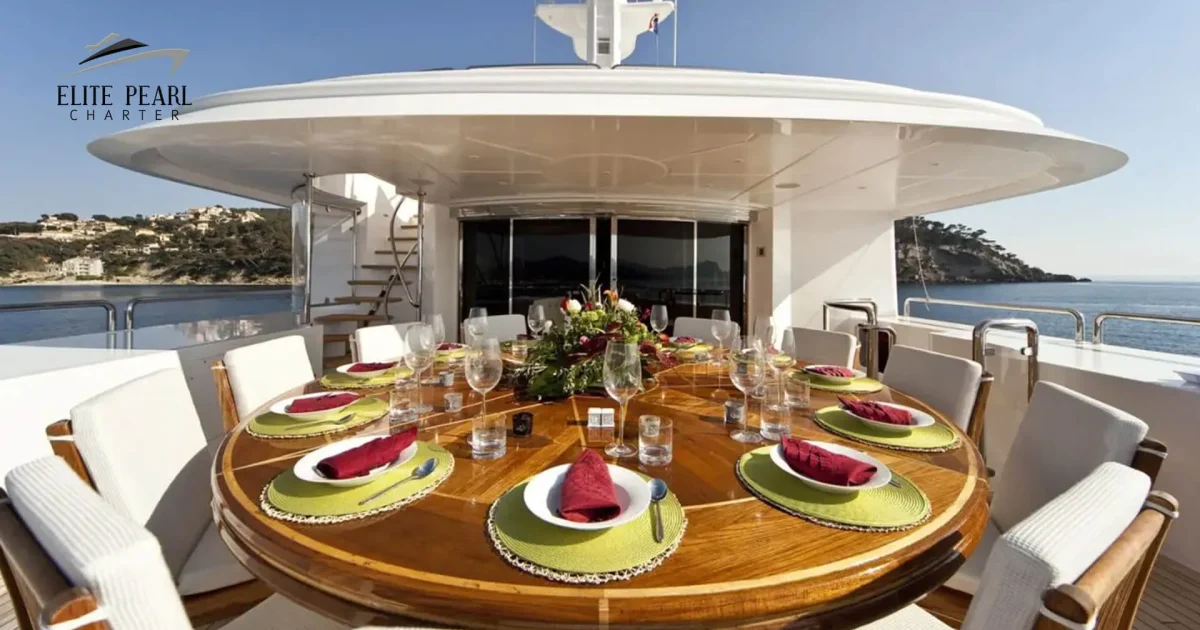 elite pearl charter - Elite Mega 164 Ft w/ jacuzzi dining table at the back. The Art of Yacht Proposal: Planning the Perfect Engagement on a Dubai Yacht image blog.