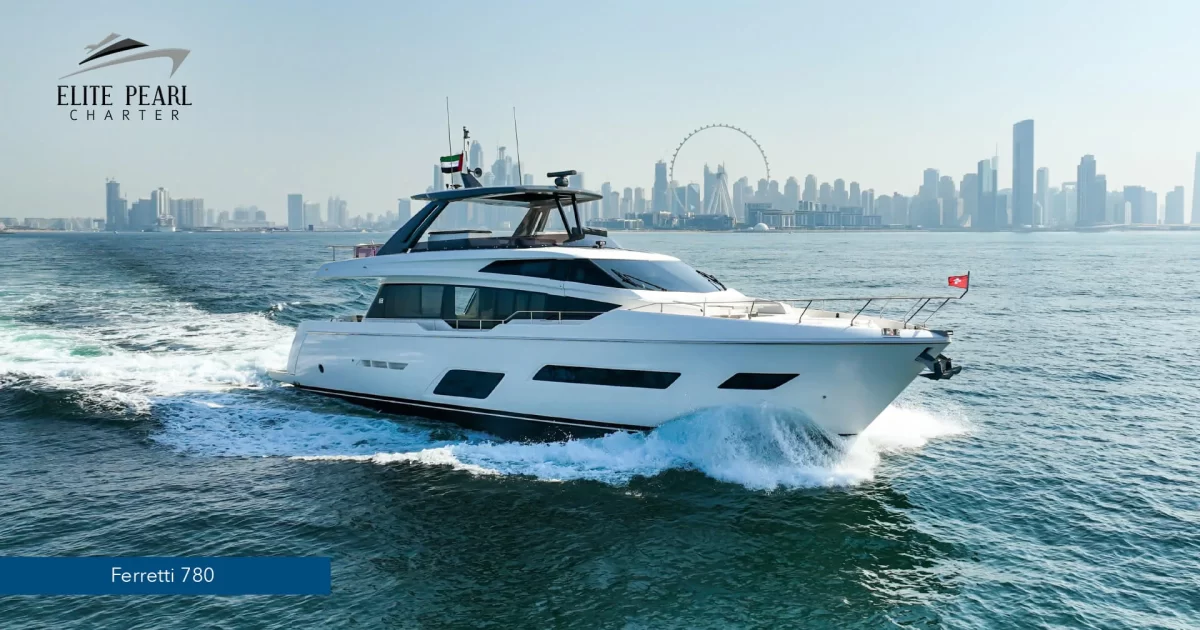 elite pearl charter - Ferreti 78 Ft. Exploring Dubai's Skyline: A Yacht's Perspective image blog.