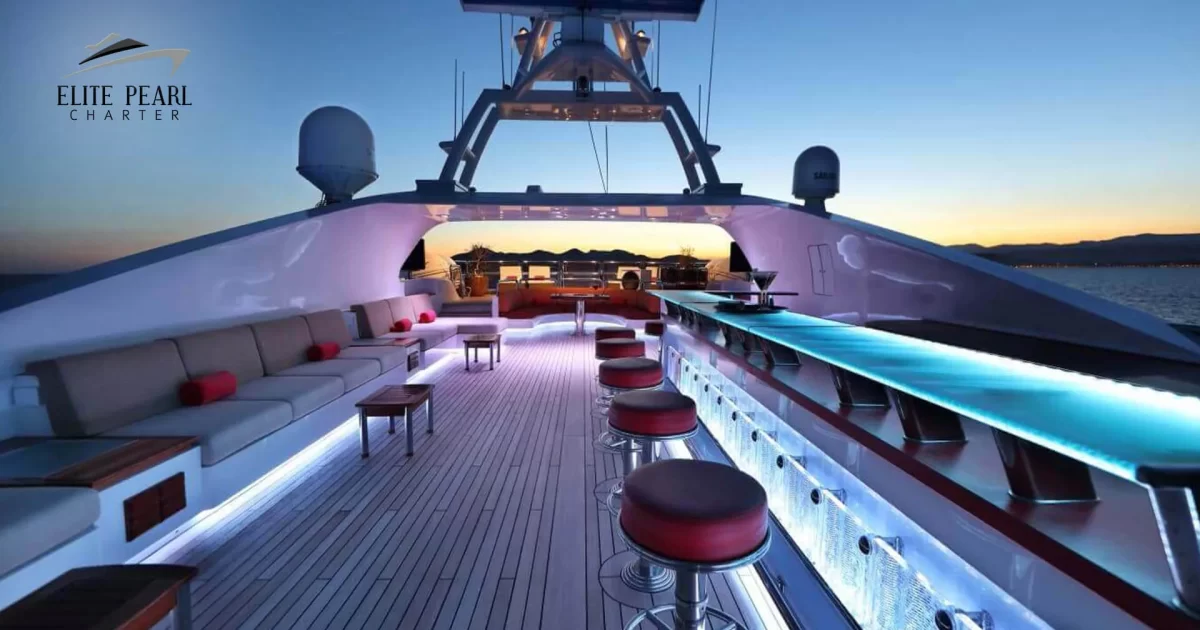 Elite Pearl Charter - Elite Pershing 54ft yacht upper deck with neon lights. Dubai's Festivals and Events Calendar: A Year-Round Guide image blog.