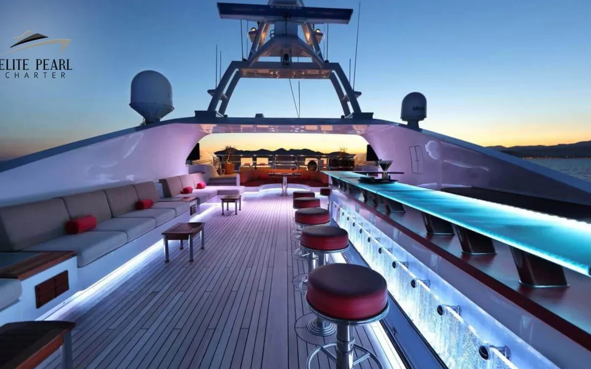 Elite Pearl Charter - Elite Pershing 54ft yacht upper deck with neon lights. Dubai's Festivals and Events Calendar: A Year-Round Guide image blog.